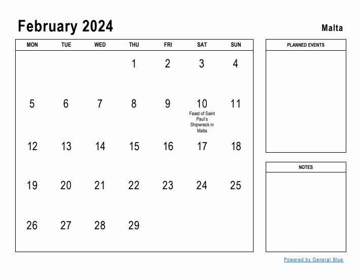 February 2024 Printable Monthly Calendar with Malta Holidays