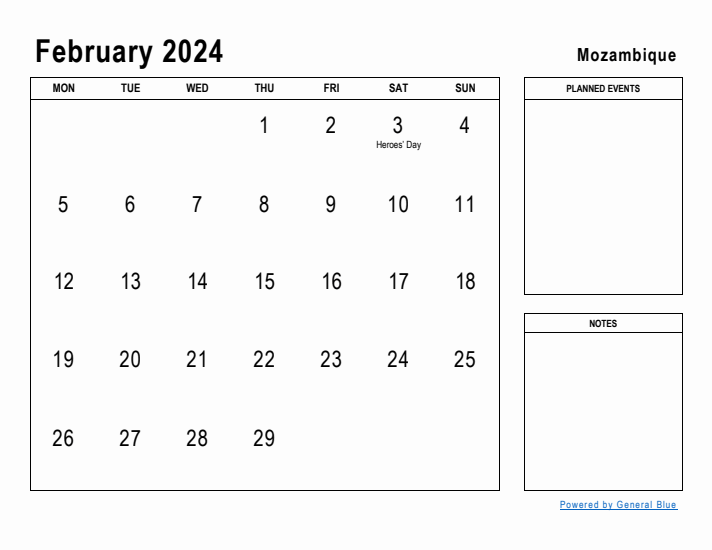 February 2024 Printable Monthly Calendar with Mozambique Holidays