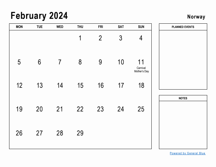 February 2024 Printable Monthly Calendar with Norway Holidays