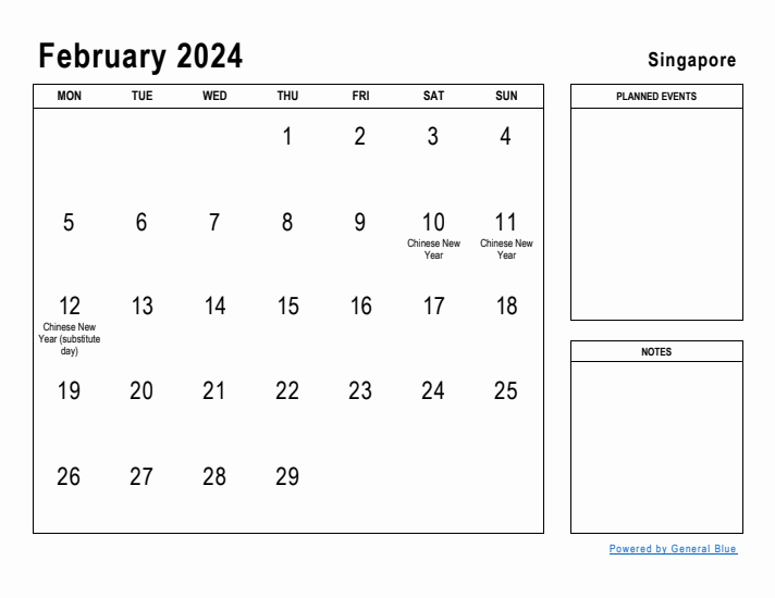 February 2024 Printable Monthly Calendar with Singapore Holidays