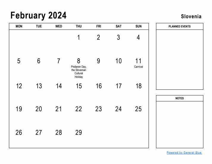 February 2024 Printable Monthly Calendar with Slovenia Holidays