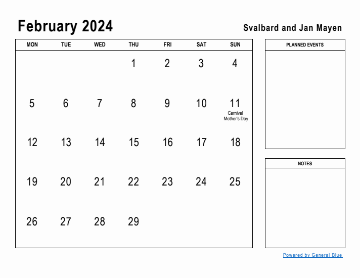 February 2024 Printable Monthly Calendar with Svalbard and Jan Mayen Holidays