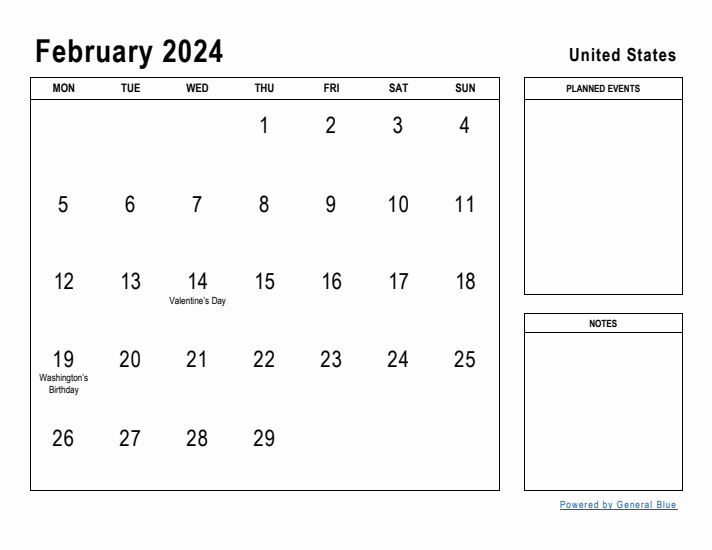 February 2024 Printable Monthly Calendar with United States Holidays