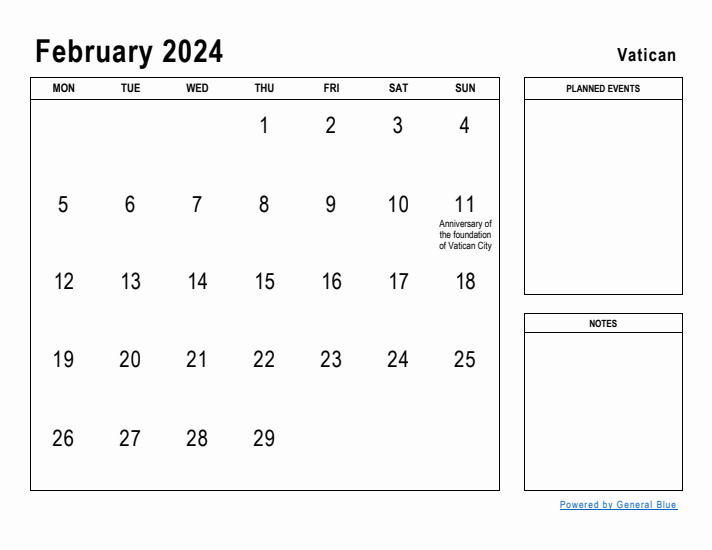 February 2024 Printable Monthly Calendar with Vatican Holidays