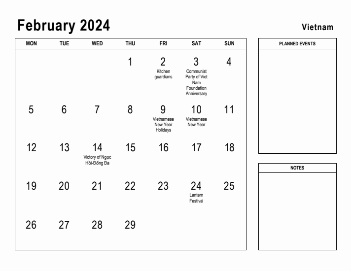 February 2024 Printable Monthly Calendar with Vietnam Holidays