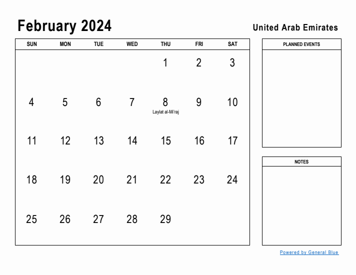 February 2024 Printable Monthly Calendar with United Arab Emirates Holidays