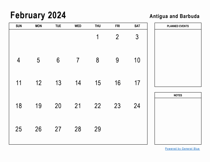 February 2024 Printable Monthly Calendar with Antigua and Barbuda Holidays