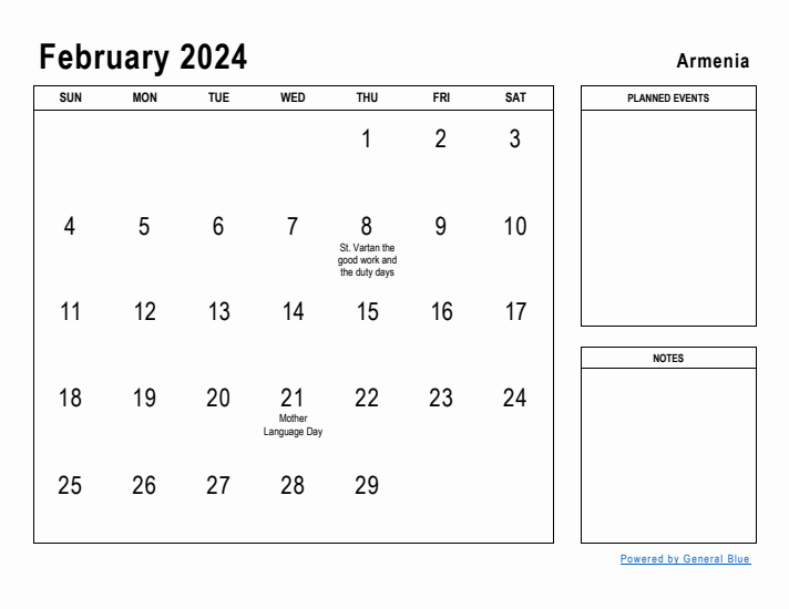 February 2024 Printable Monthly Calendar with Armenia Holidays