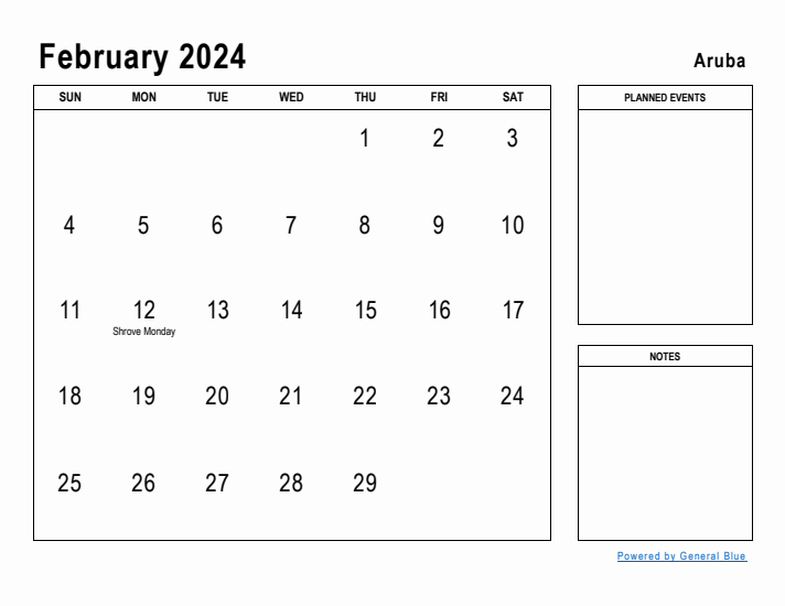 February 2024 Printable Monthly Calendar with Aruba Holidays