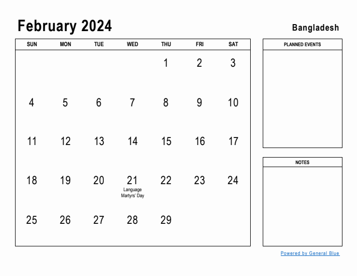 February 2024 Printable Monthly Calendar with Bangladesh Holidays