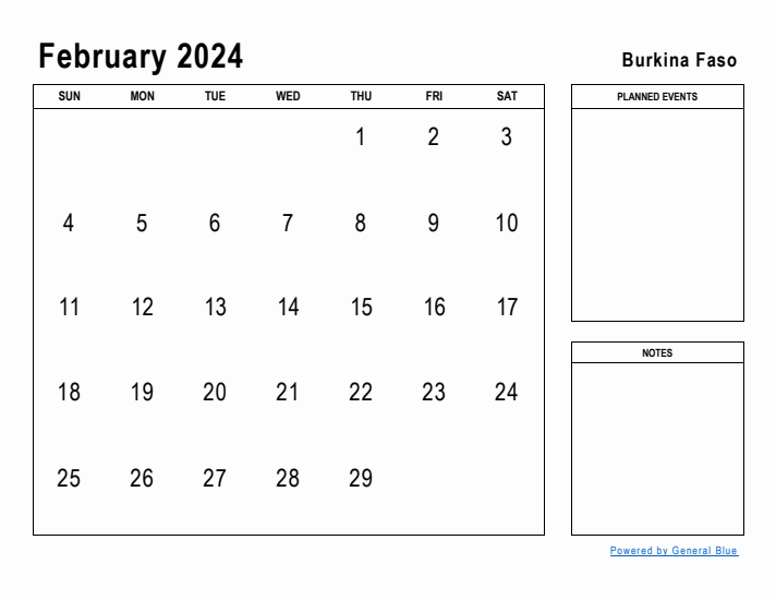 February 2024 Printable Monthly Calendar with Burkina Faso Holidays