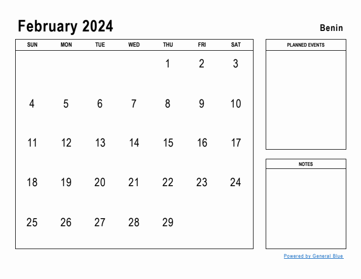 February 2024 Printable Monthly Calendar with Benin Holidays