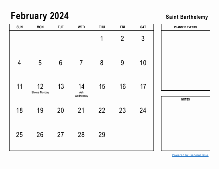 February 2024 Printable Monthly Calendar with Saint Barthelemy Holidays