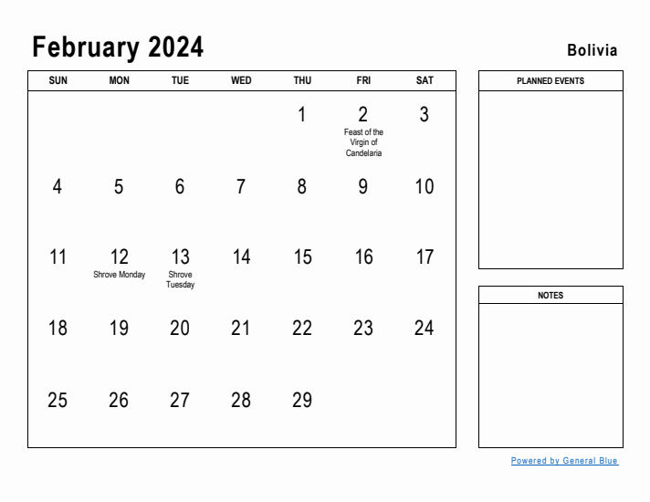 February 2024 Printable Monthly Calendar with Bolivia Holidays