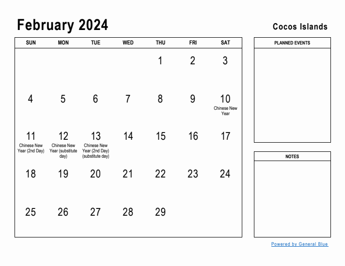 February 2024 Printable Monthly Calendar with Cocos Islands Holidays