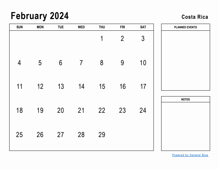 February 2024 Printable Monthly Calendar with Costa Rica Holidays