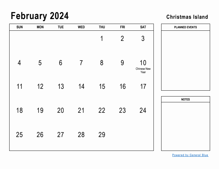 February 2024 Printable Monthly Calendar with Christmas Island Holidays