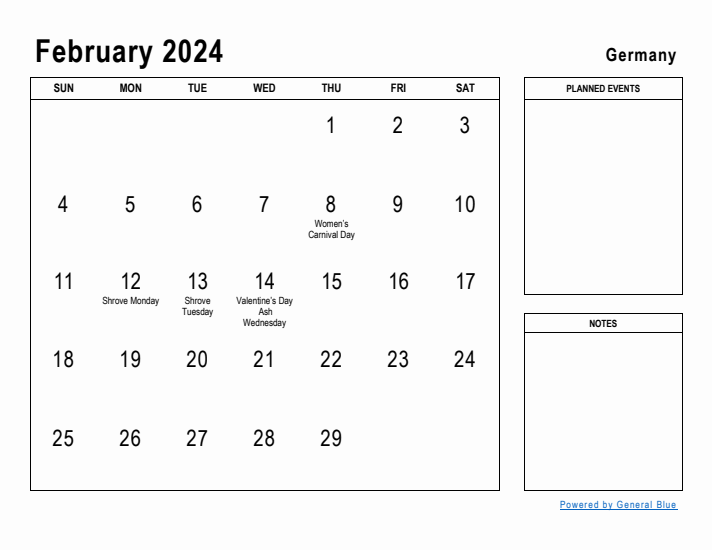 February 2024 Printable Monthly Calendar with Germany Holidays