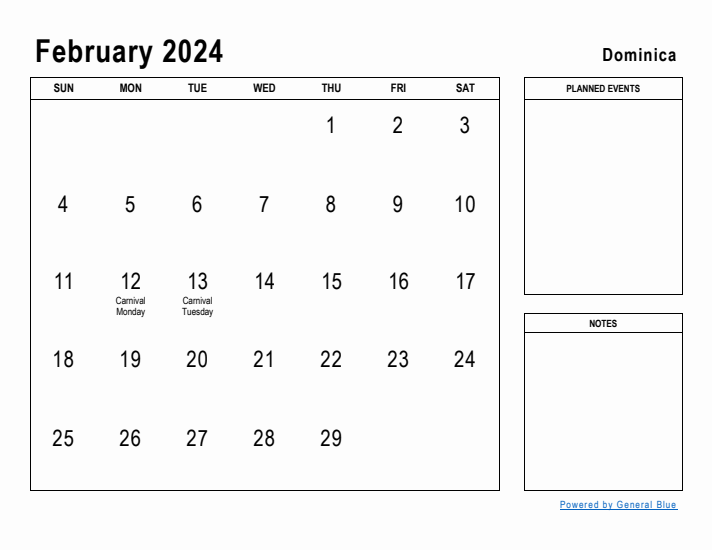 February 2024 Printable Monthly Calendar with Dominica Holidays