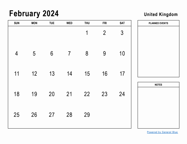 February 2024 Printable Monthly Calendar with United Kingdom Holidays