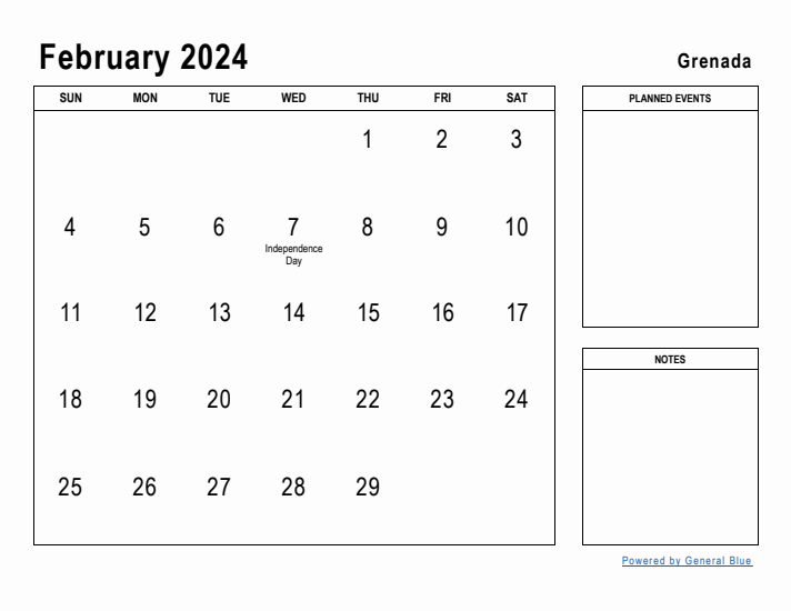 February 2024 Printable Monthly Calendar with Grenada Holidays