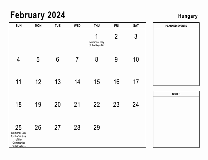 February 2024 Printable Monthly Calendar with Hungary Holidays