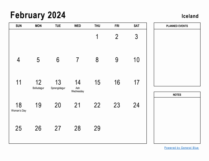 February 2024 Printable Monthly Calendar with Iceland Holidays