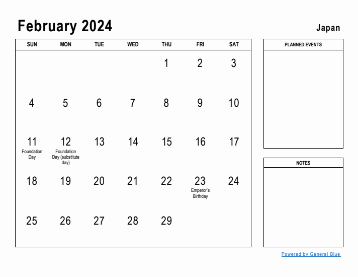 February 2024 Printable Monthly Calendar with Japan Holidays