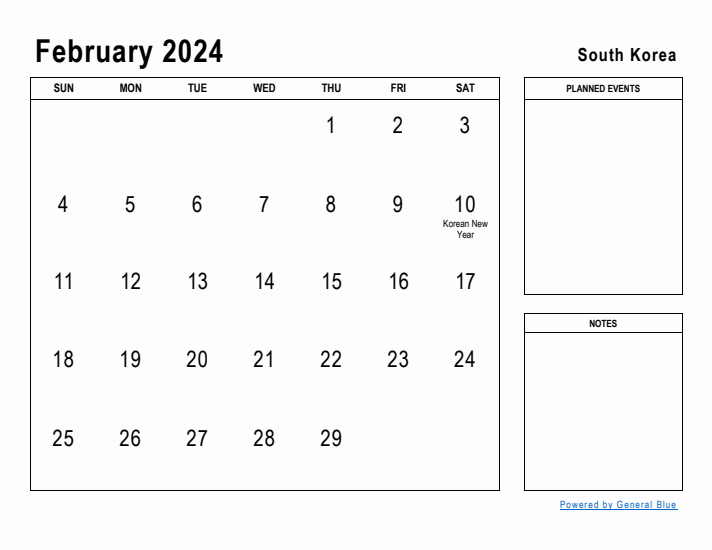 February 2024 Printable Monthly Calendar with South Korea Holidays