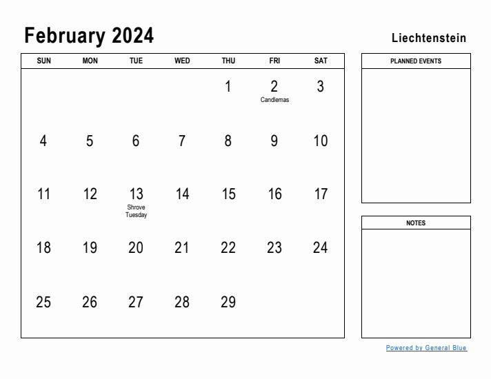 February 2024 Printable Monthly Calendar with Liechtenstein Holidays