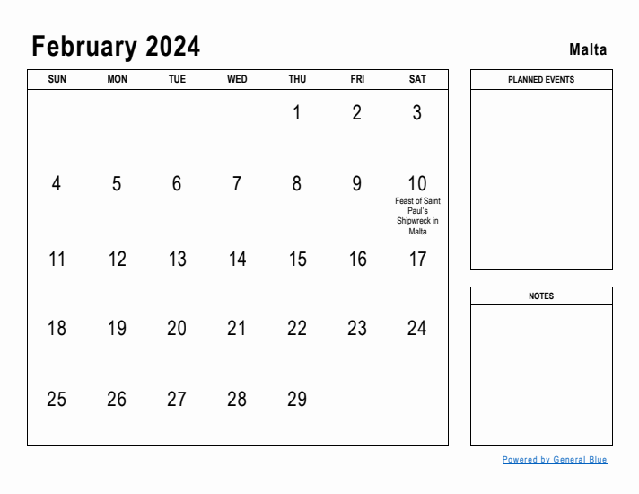 February 2024 Printable Monthly Calendar with Malta Holidays