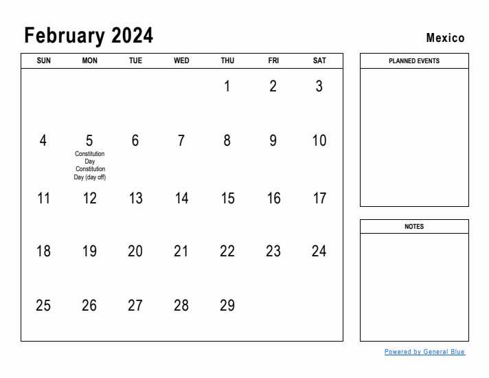 February 2024 Printable Monthly Calendar with Mexico Holidays