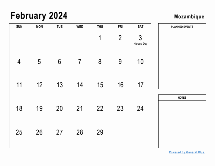 February 2024 Printable Monthly Calendar with Mozambique Holidays