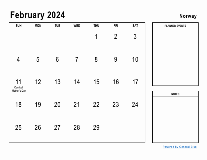 February 2024 Printable Monthly Calendar with Norway Holidays