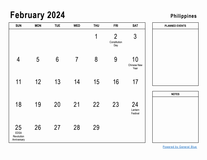 February 2024 Printable Monthly Calendar with Philippines Holidays