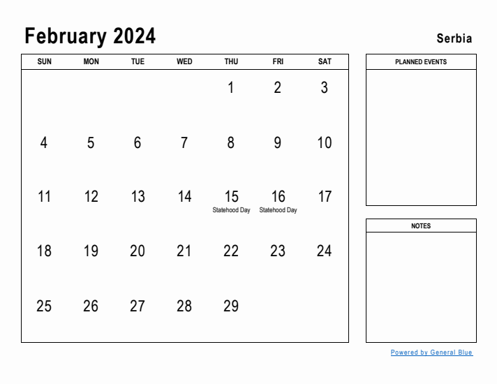 February 2024 Printable Monthly Calendar with Serbia Holidays