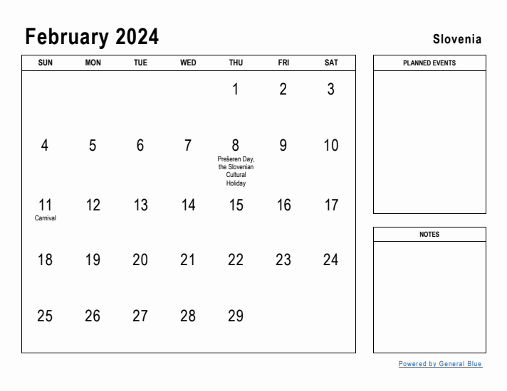 February 2024 Printable Monthly Calendar with Slovenia Holidays