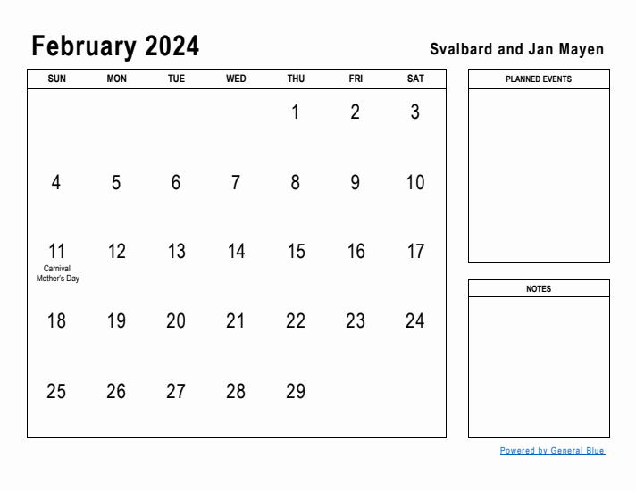 February 2024 Printable Monthly Calendar with Svalbard and Jan Mayen Holidays