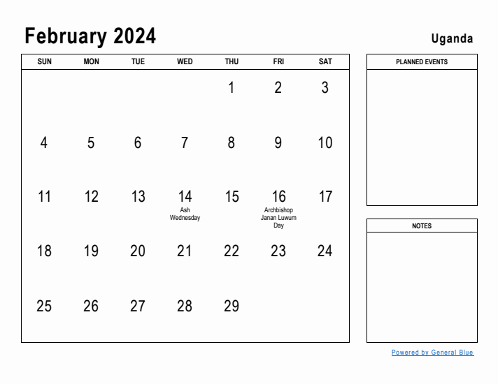 February 2024 Printable Monthly Calendar with Uganda Holidays