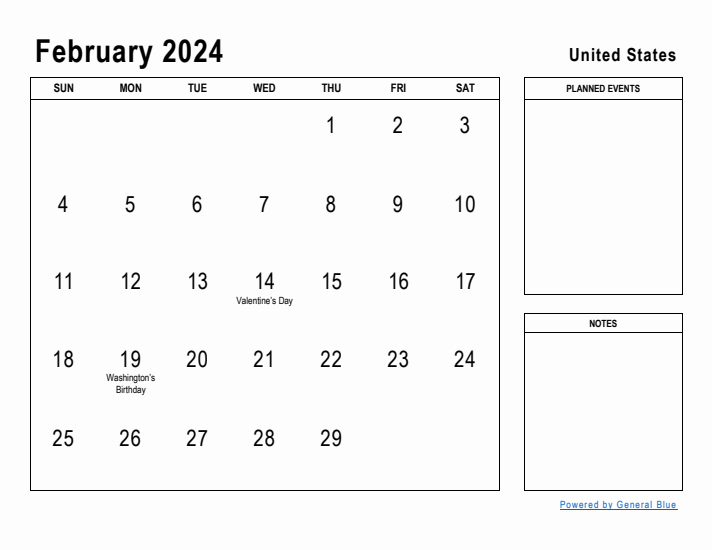 February 2024 Printable Monthly Calendar with United States Holidays