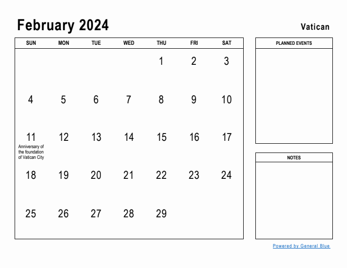 February 2024 Printable Monthly Calendar with Vatican Holidays