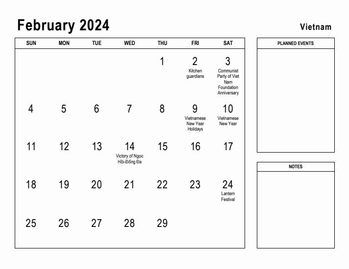 February 2024 Printable Monthly Calendar with Vietnam Holidays