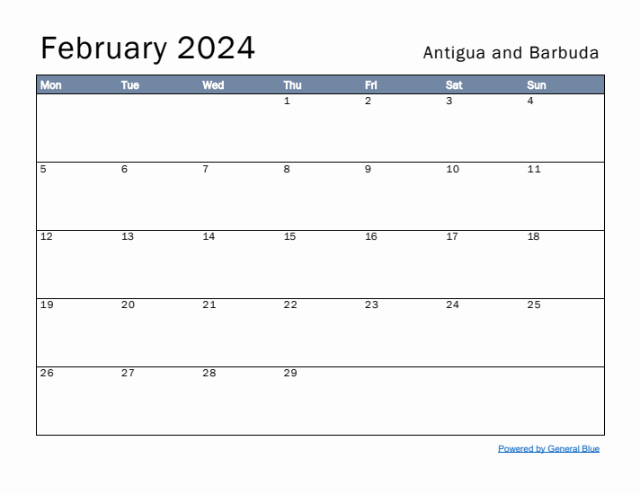 February 2024 Simple Monthly Calendar for Antigua and Barbuda