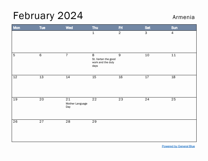 February 2024 Simple Monthly Calendar for Armenia