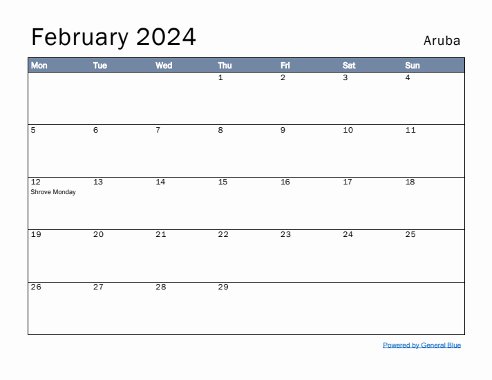 February 2024 Simple Monthly Calendar for Aruba