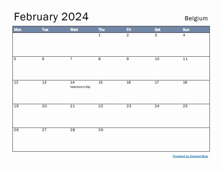 February 2024 Simple Monthly Calendar for Belgium