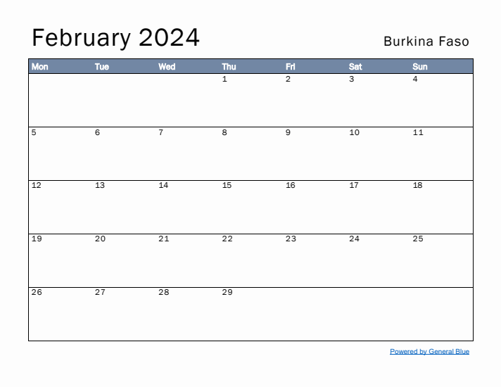 February 2024 Simple Monthly Calendar for Burkina Faso