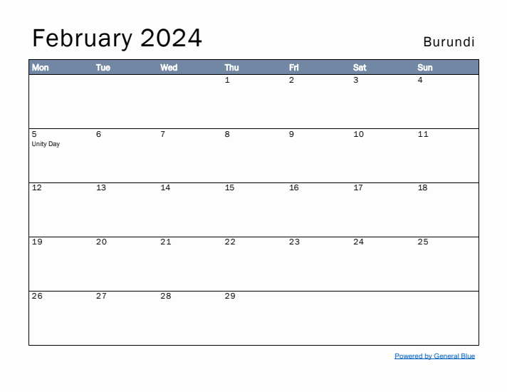 February 2024 Simple Monthly Calendar for Burundi