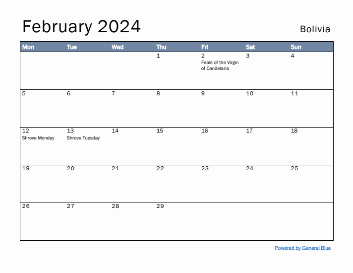 February 2024 Simple Monthly Calendar for Bolivia