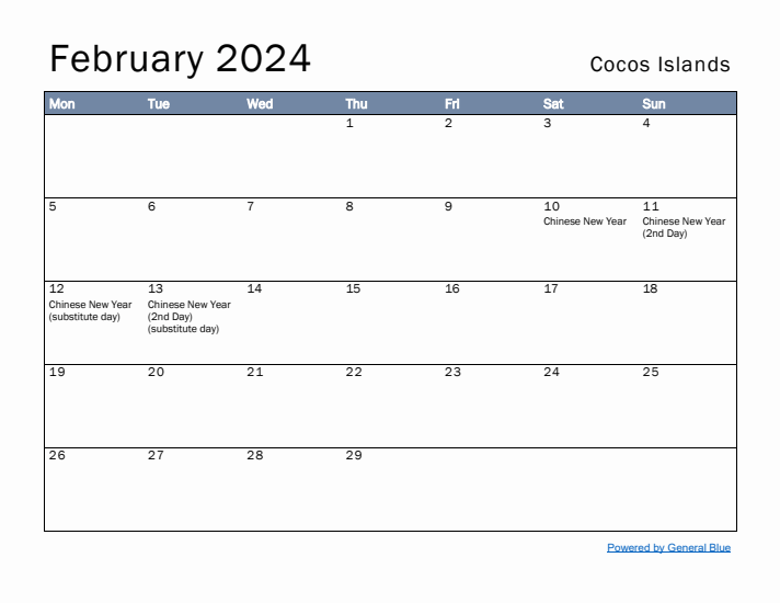 February 2024 Simple Monthly Calendar for Cocos Islands